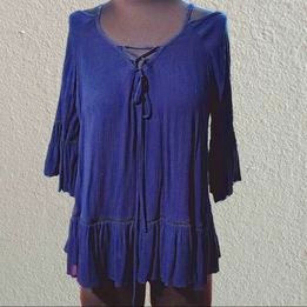 Royal Blue Babydoll 3/4 Bell Sleeve Cold Shoulder Ruffled Bottom Long Top